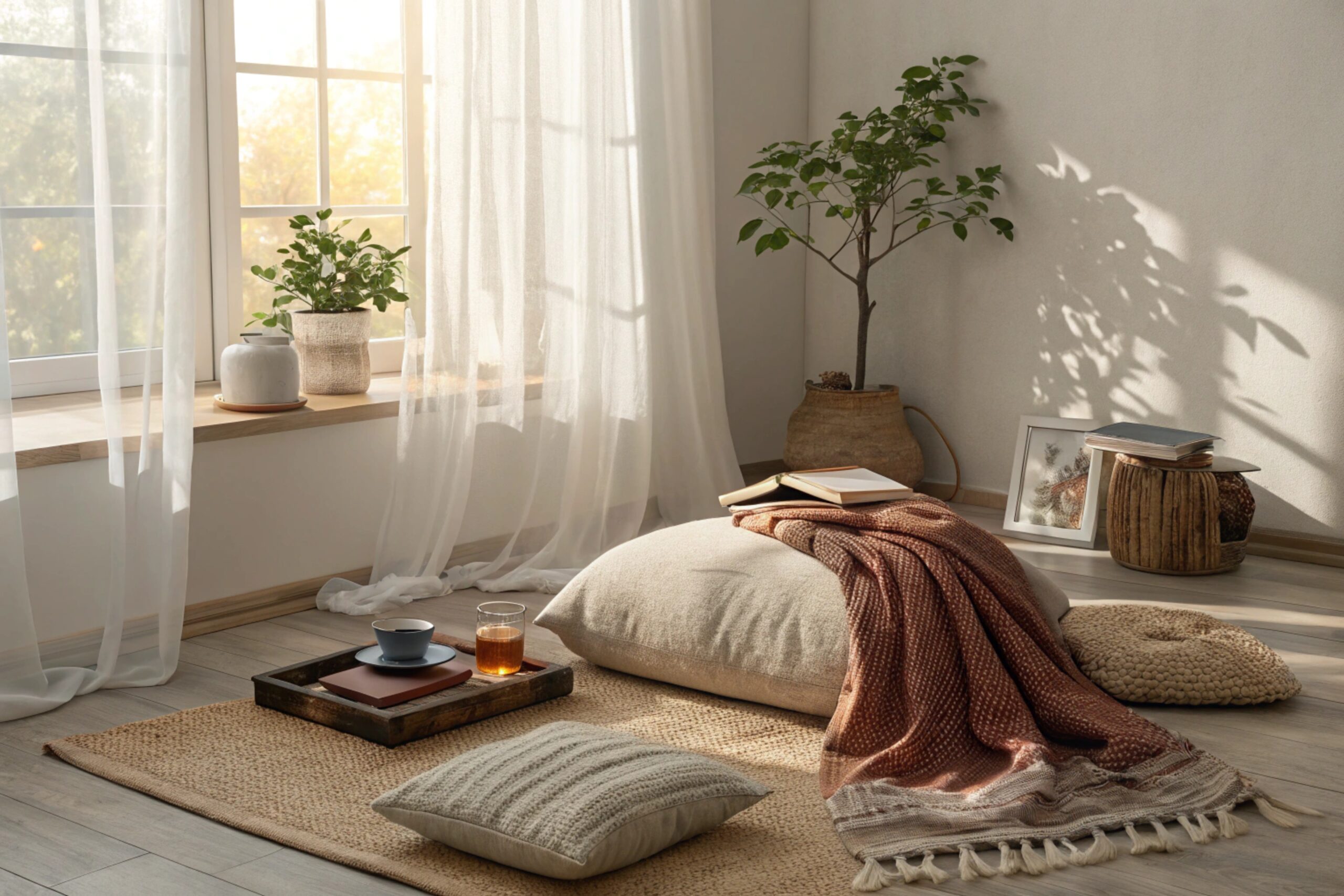 Cozy reading nook with sunlight, featuring cushions and plants by the window