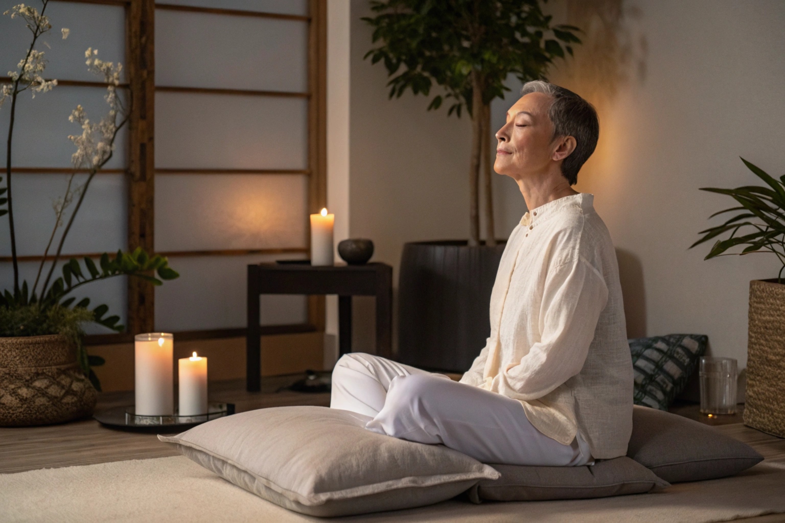 Woman meditating in a peaceful room with candles and plants