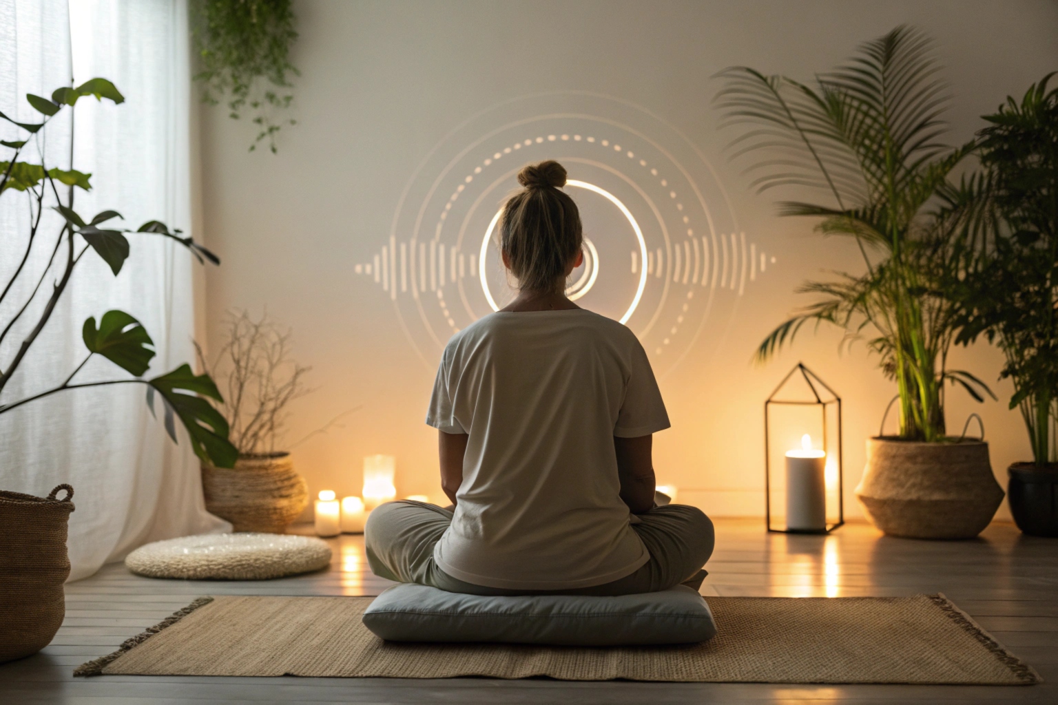 Woman meditating in a candlelit room with peaceful greenery and ambient design