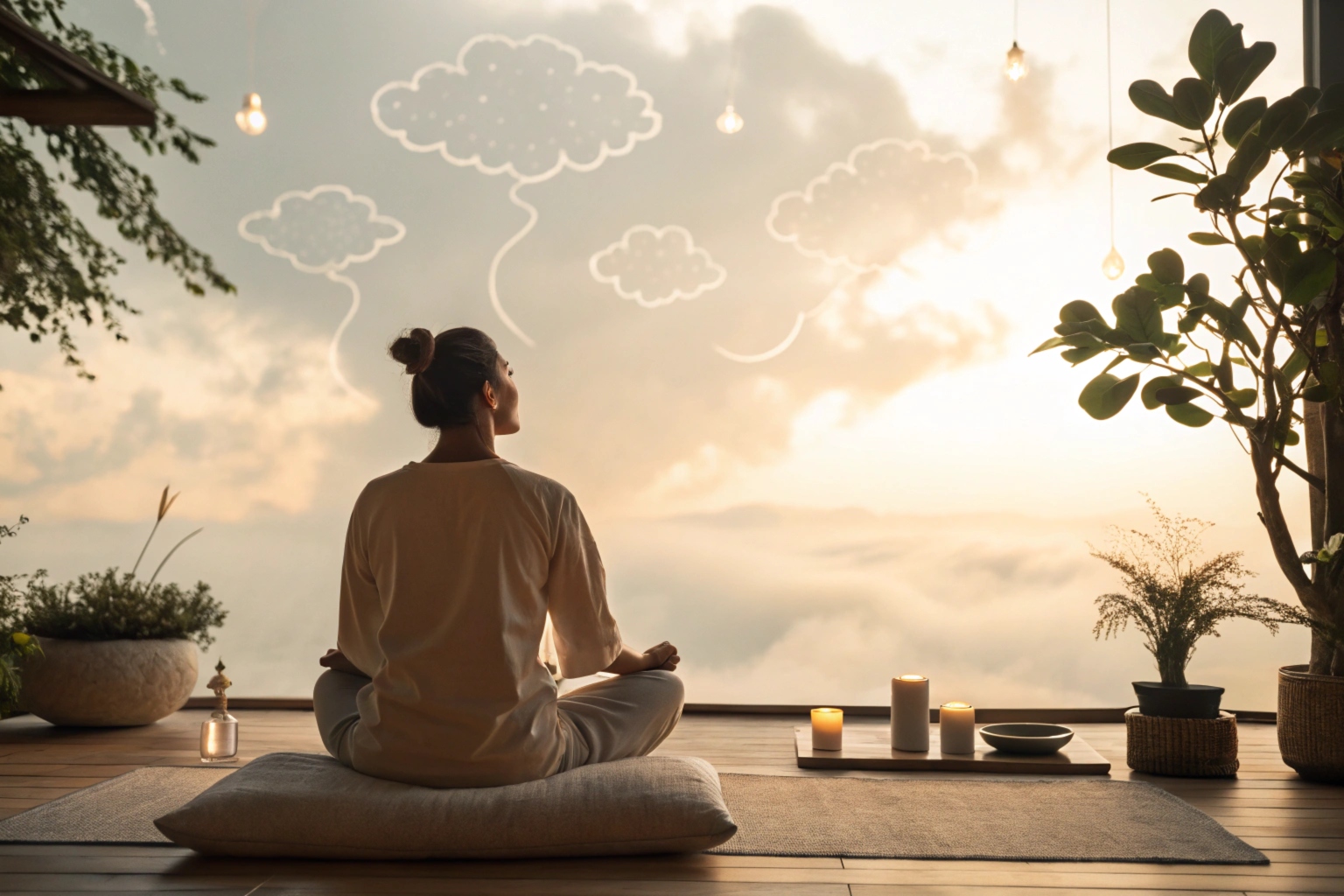 Woman meditating in a tranquil space, overlooking a dreamy sky with candles