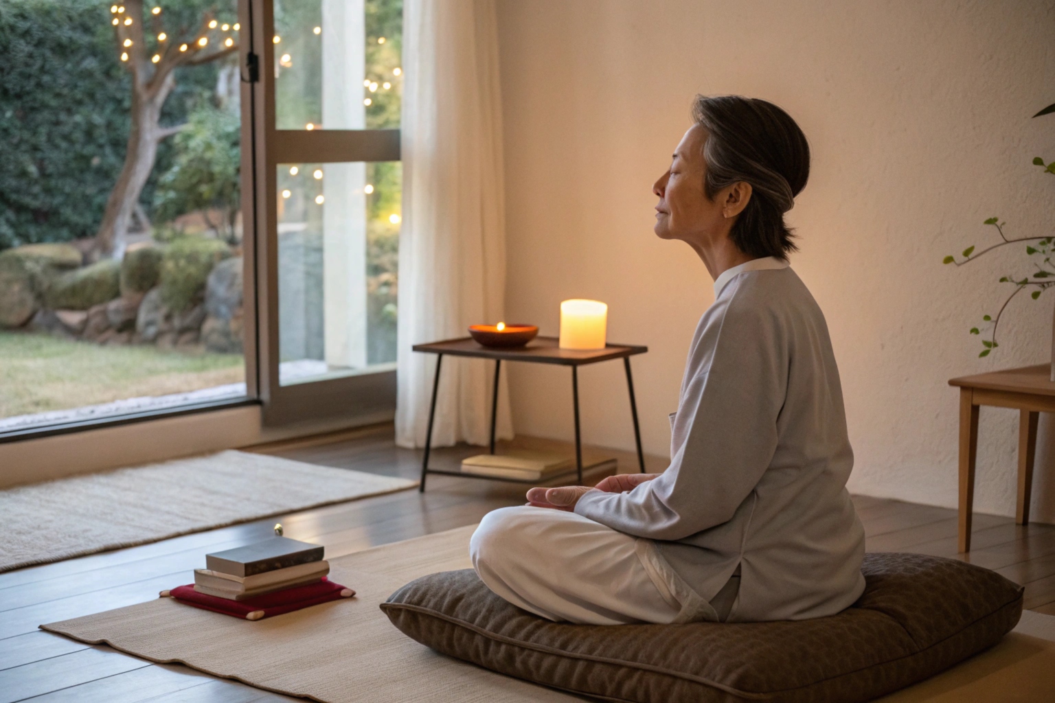 Woman meditating indoors, candlelit space with serene garden view