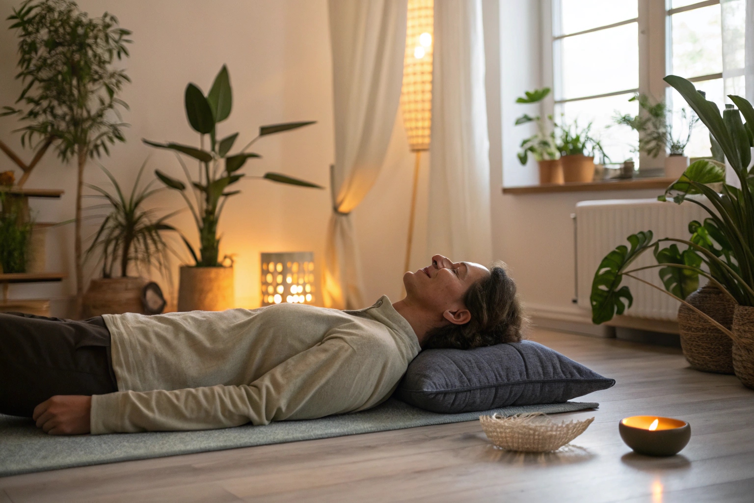 person relaxing in a calm room with plants and candles