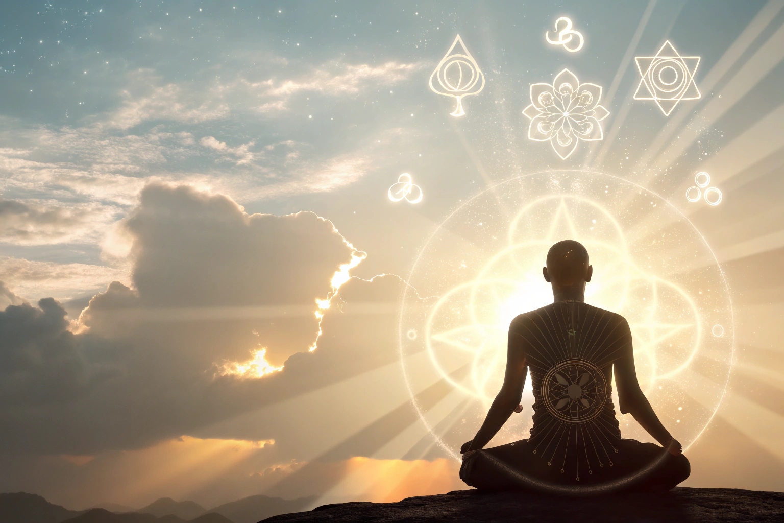 Meditation outdoors with light rays