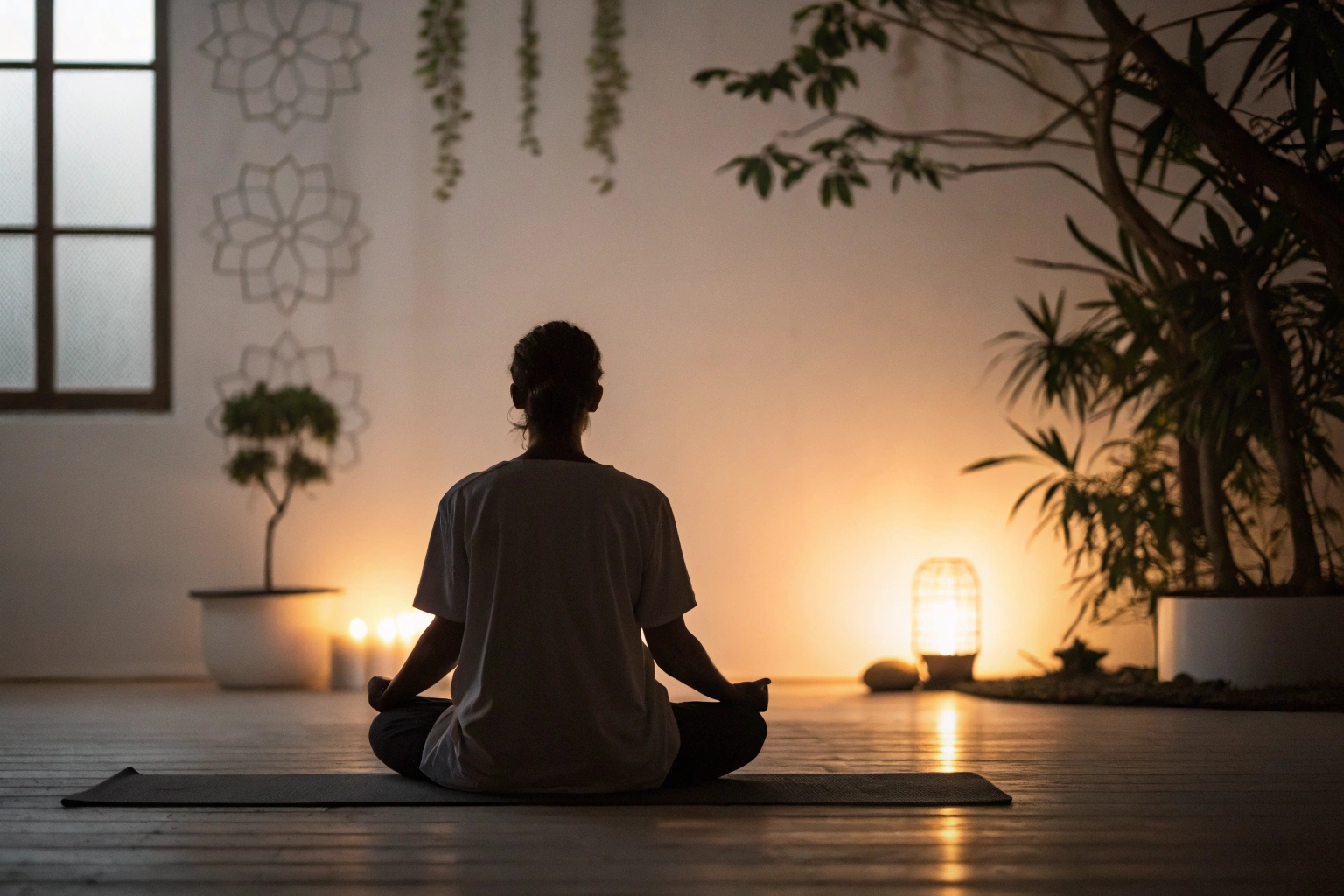 person practicing meditation in a dimly lit room with calming ambiance