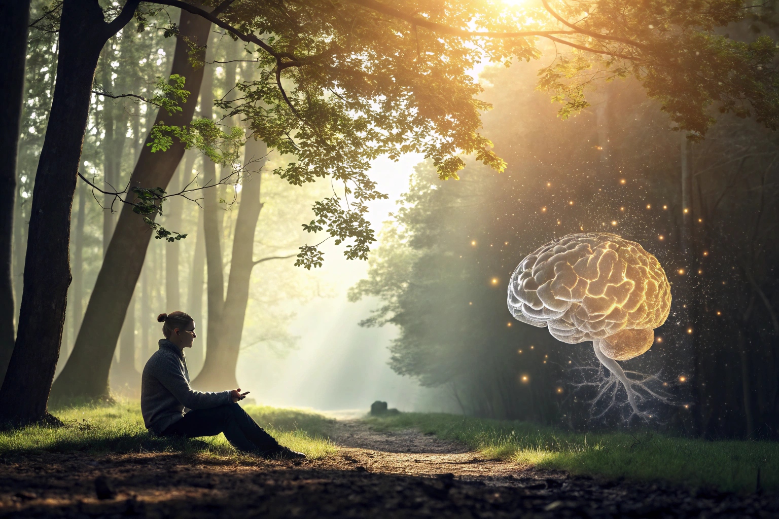 meditation in nature, brain and roots emerging during meditation