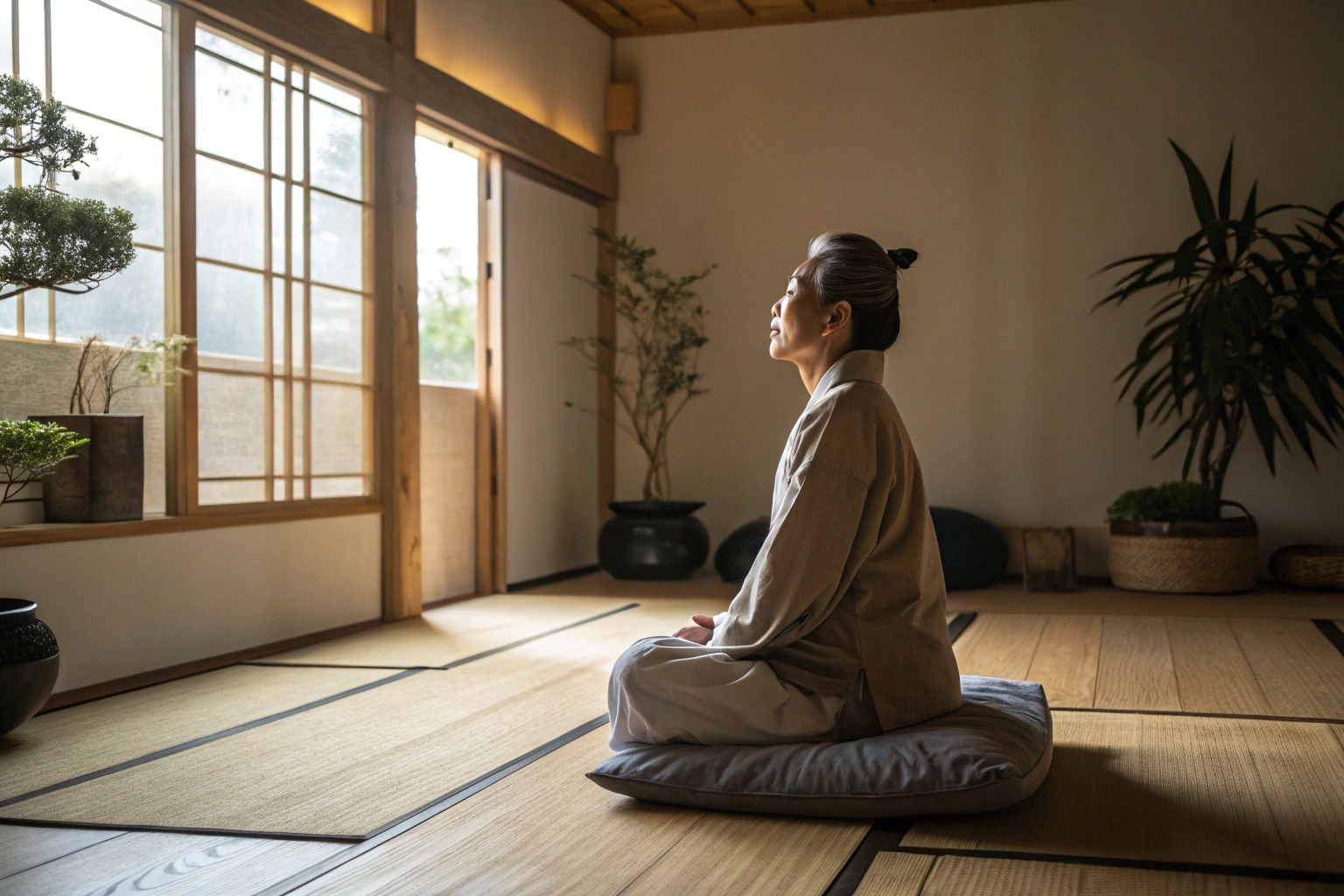 person meditating in a peaceful zen-like room
