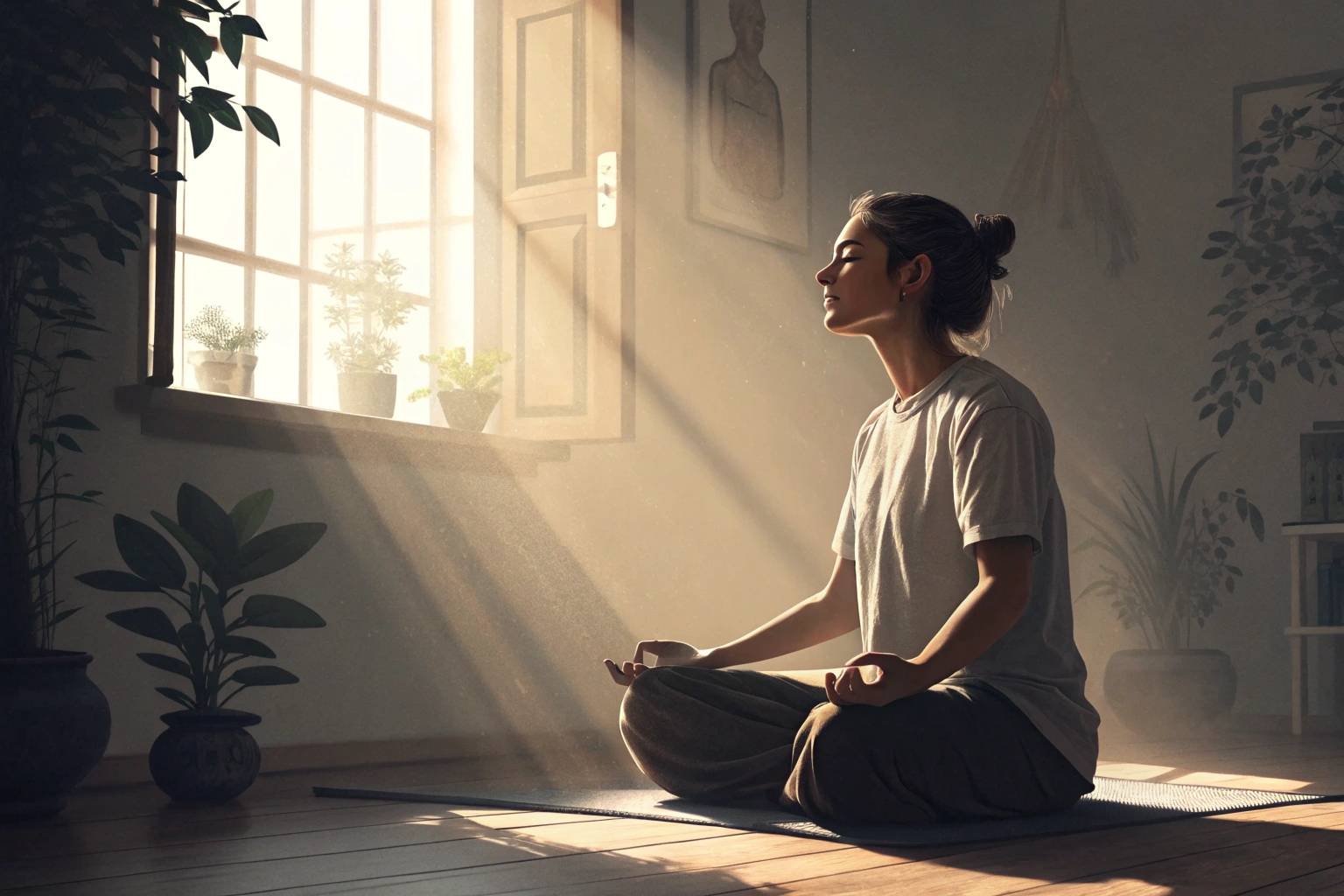 Person meditating in sunlight, calm and serene indoor setting