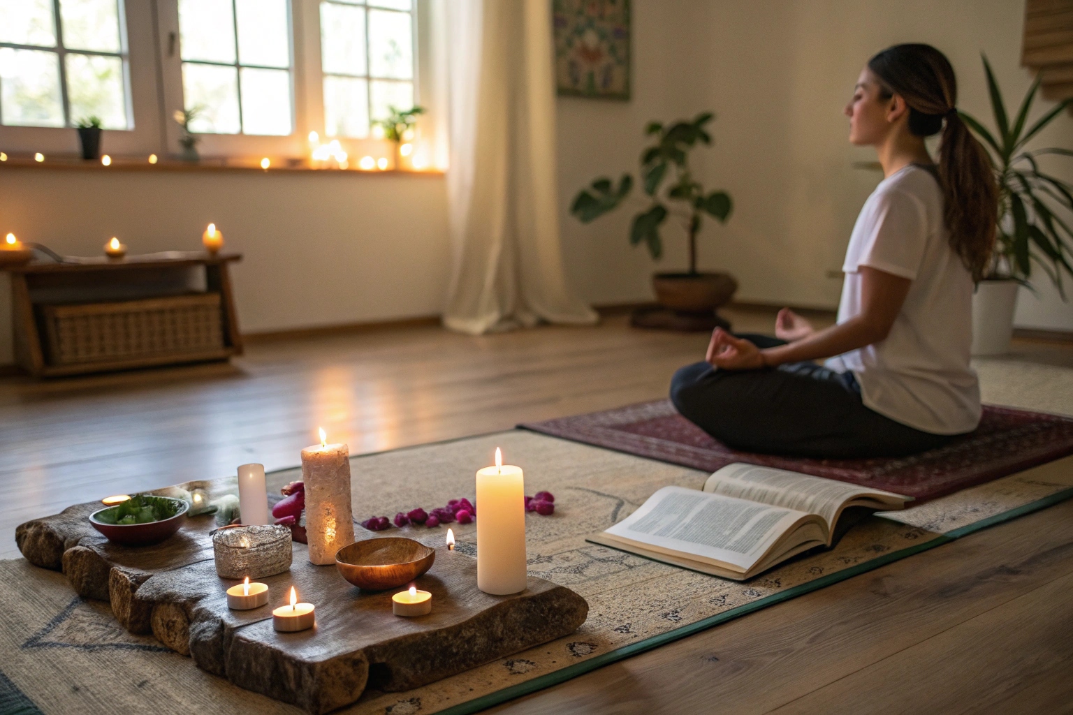 Meditation with candles and spiritual setting