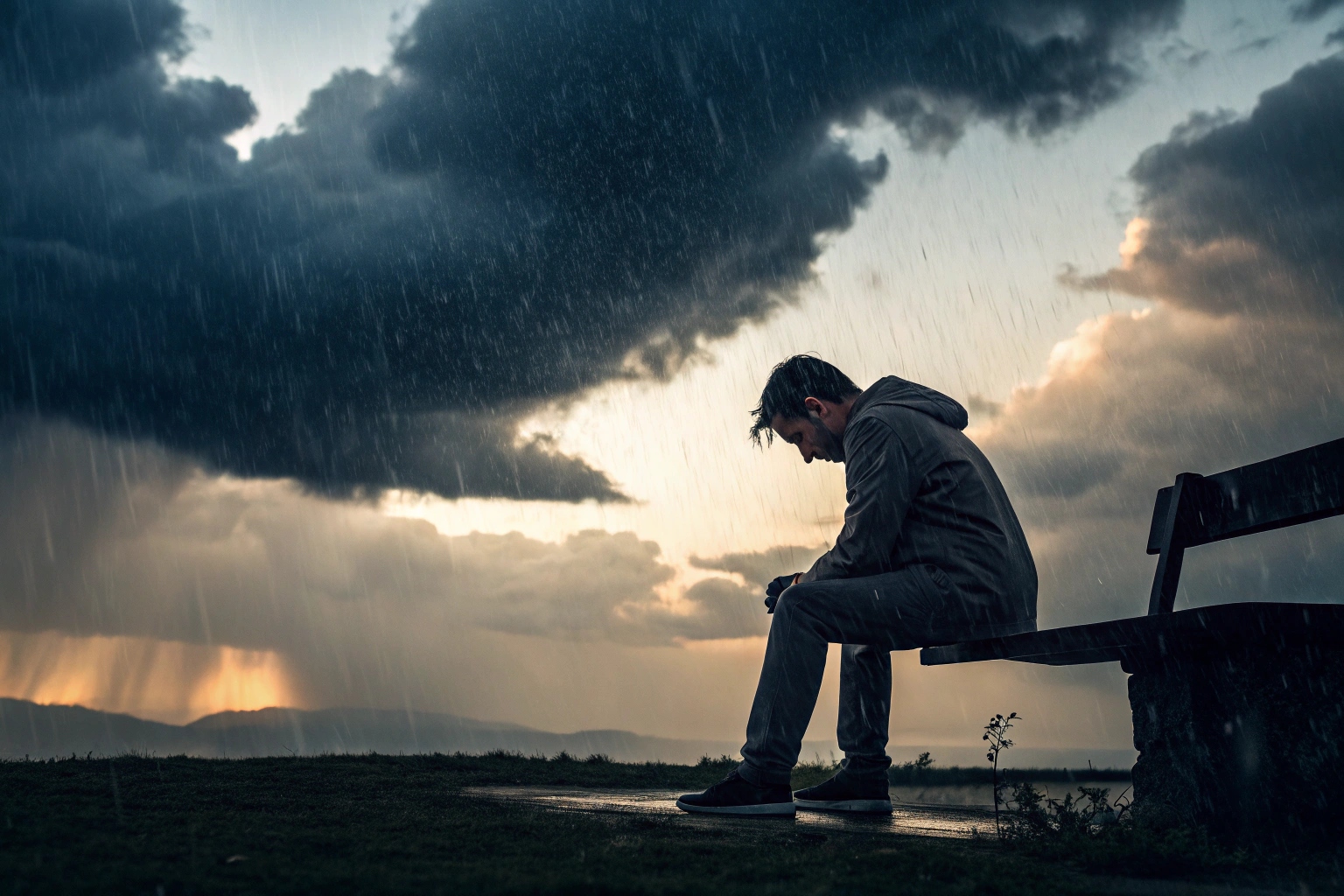 Man sitting on a bench in the rain, thoughtful and reflective mood
