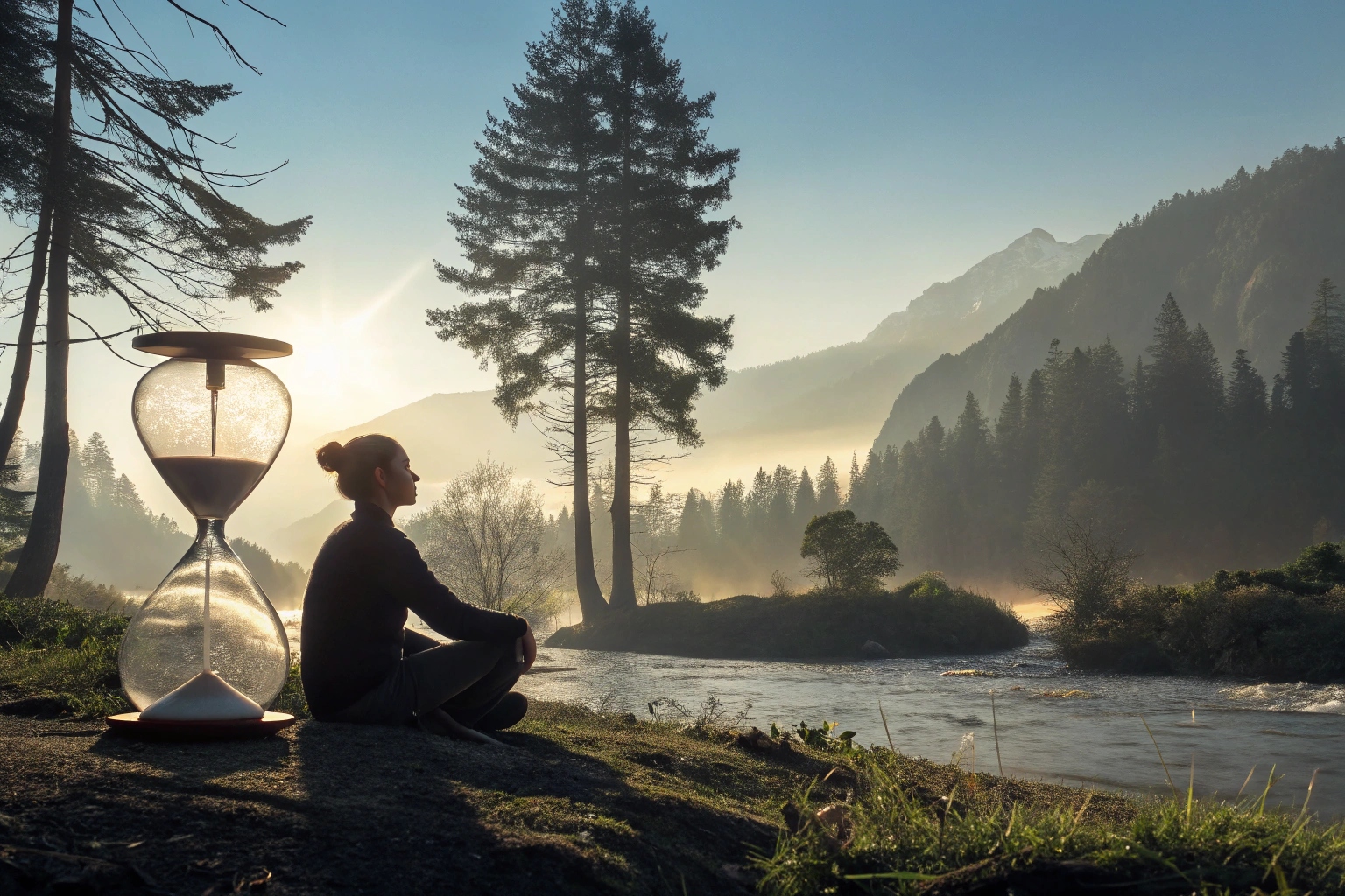 outdoor meditation, person meditating by large hourglass near river