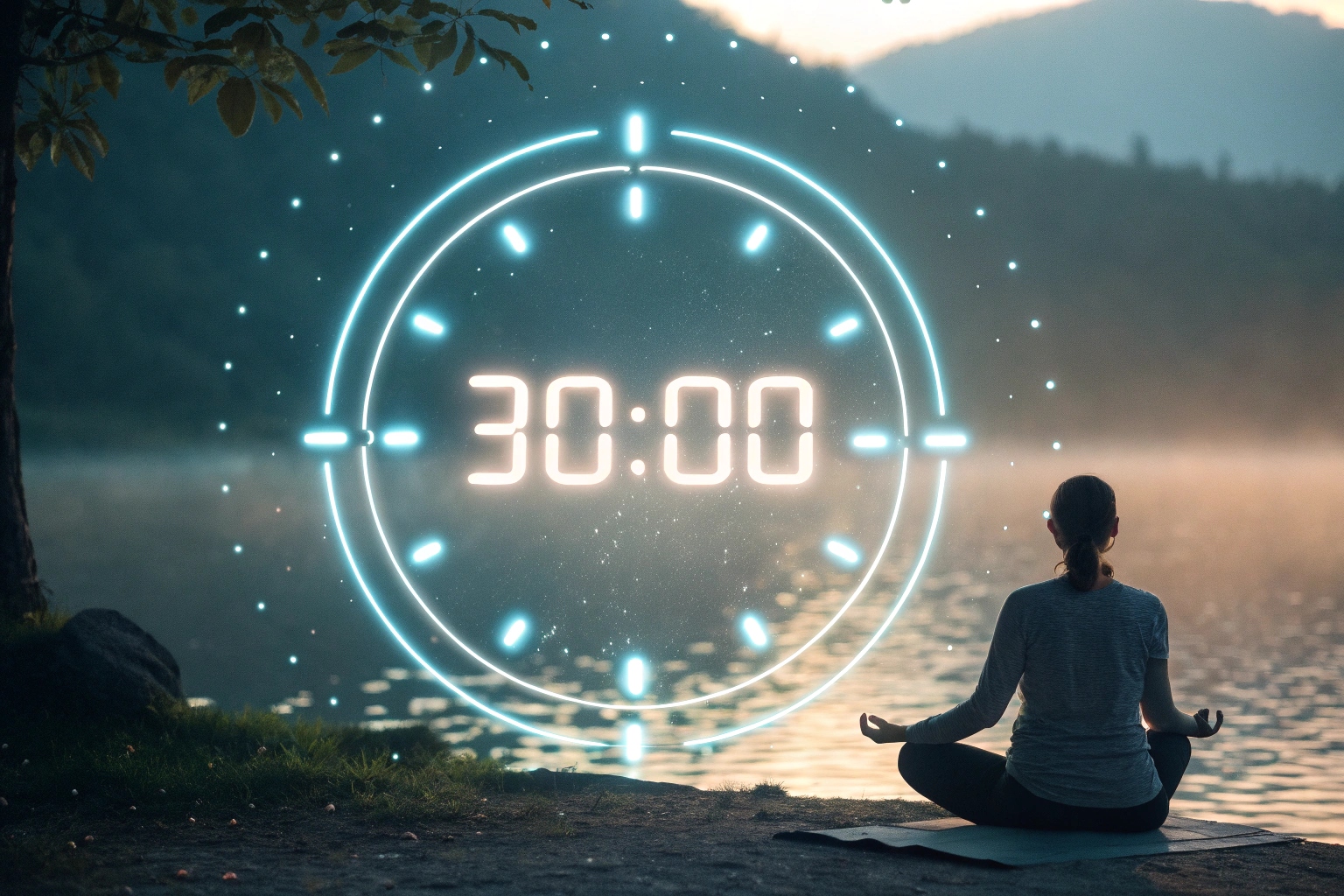 woman meditating by a lake with a glowing 30-minute timer overlay