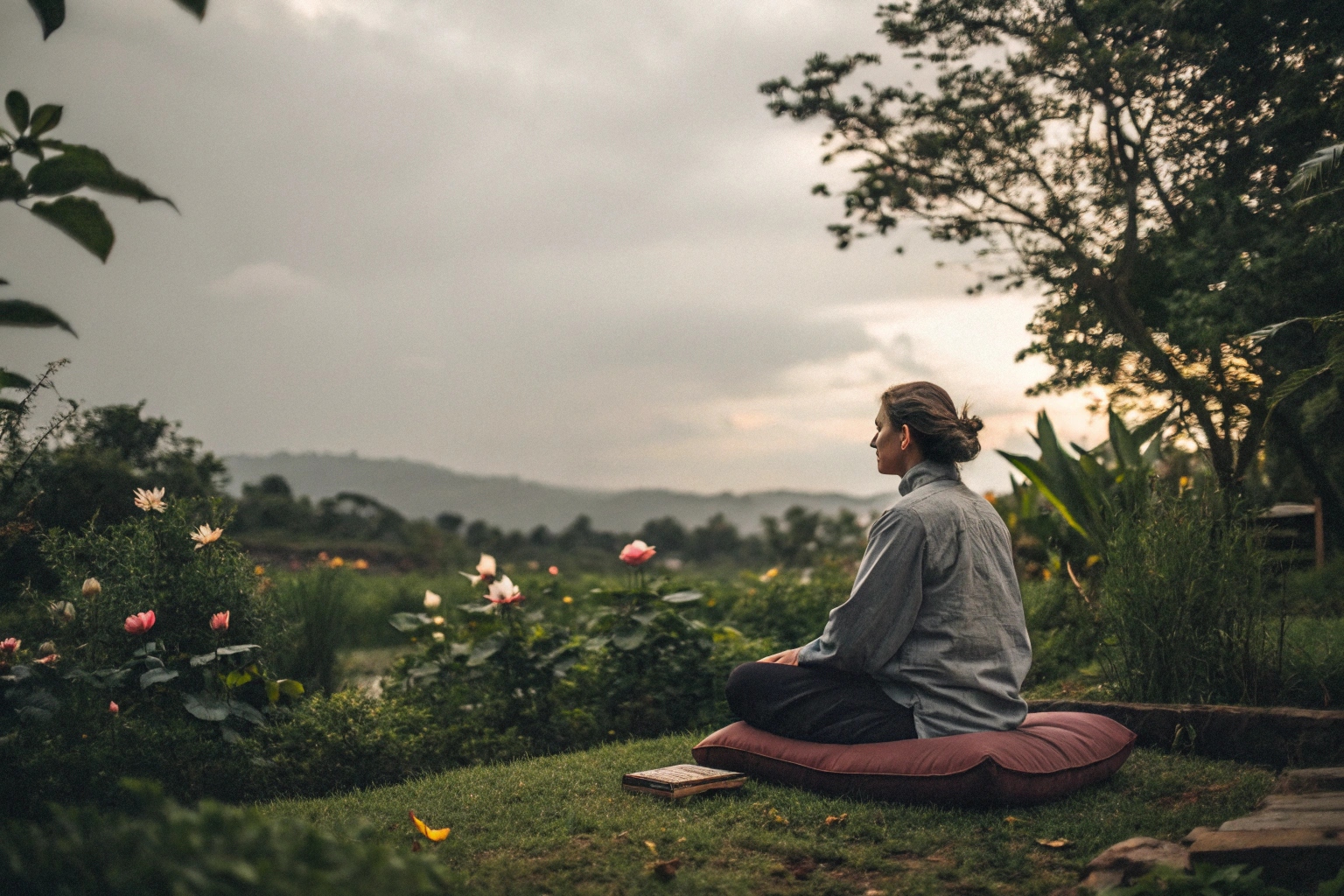 Meditating outdoors, peaceful scenery with flowers