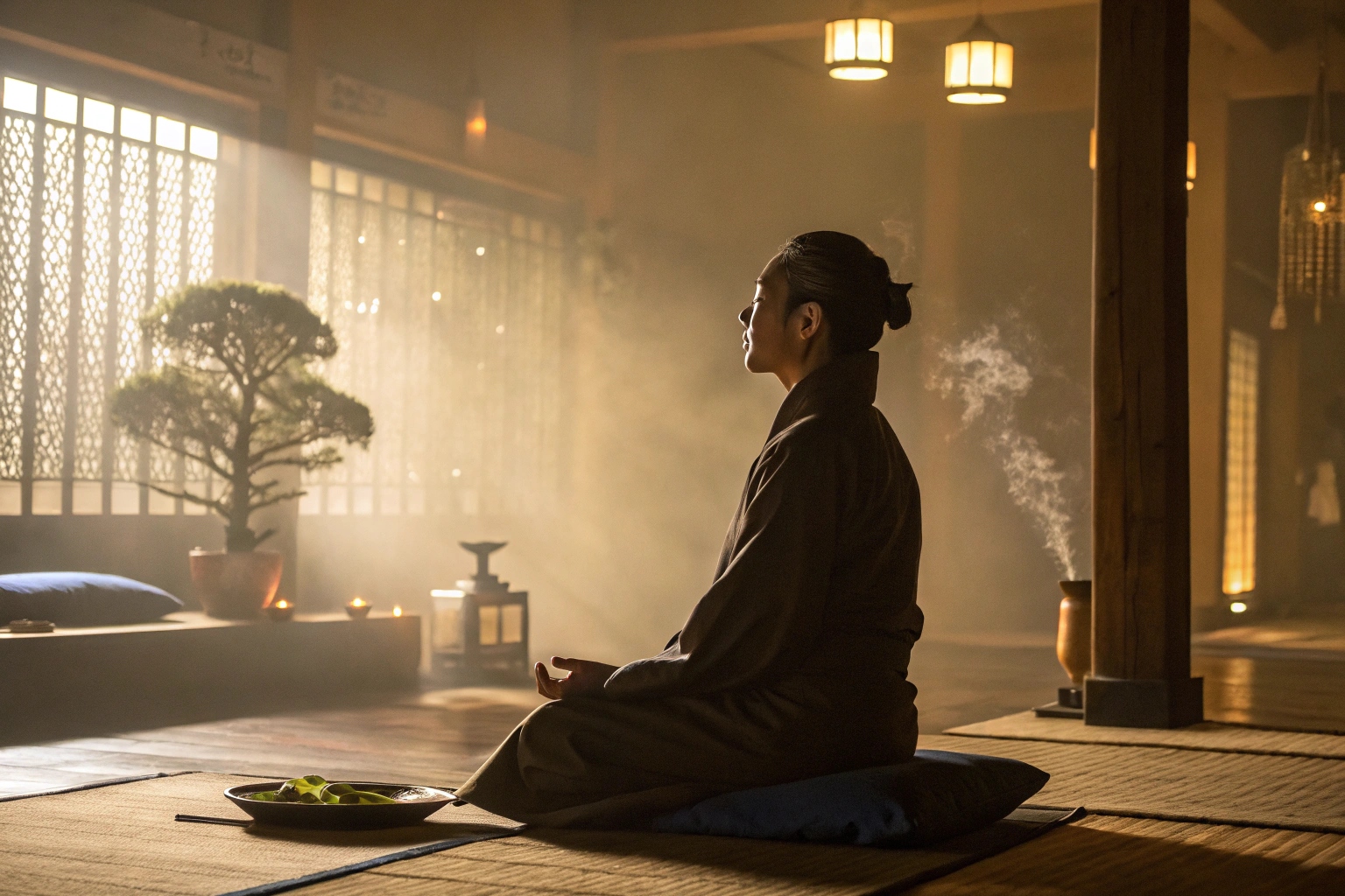 man meditating in a serene Japanese room