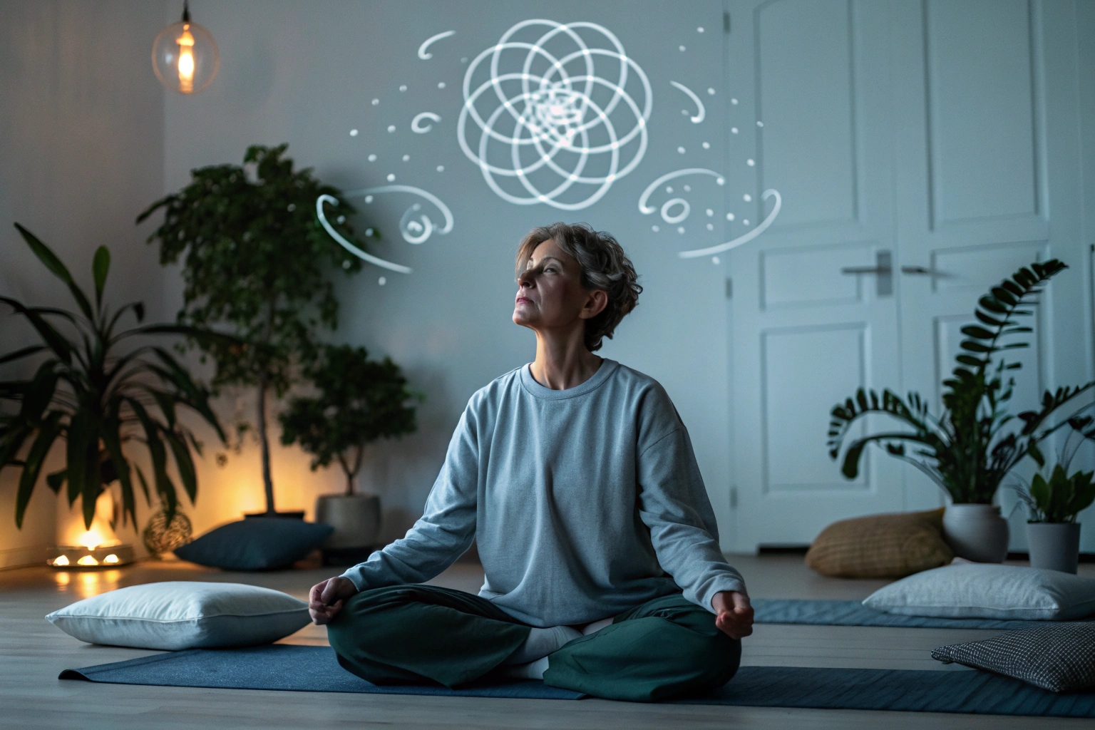 Woman meditating in a cozy room, abstract shapes above her head
