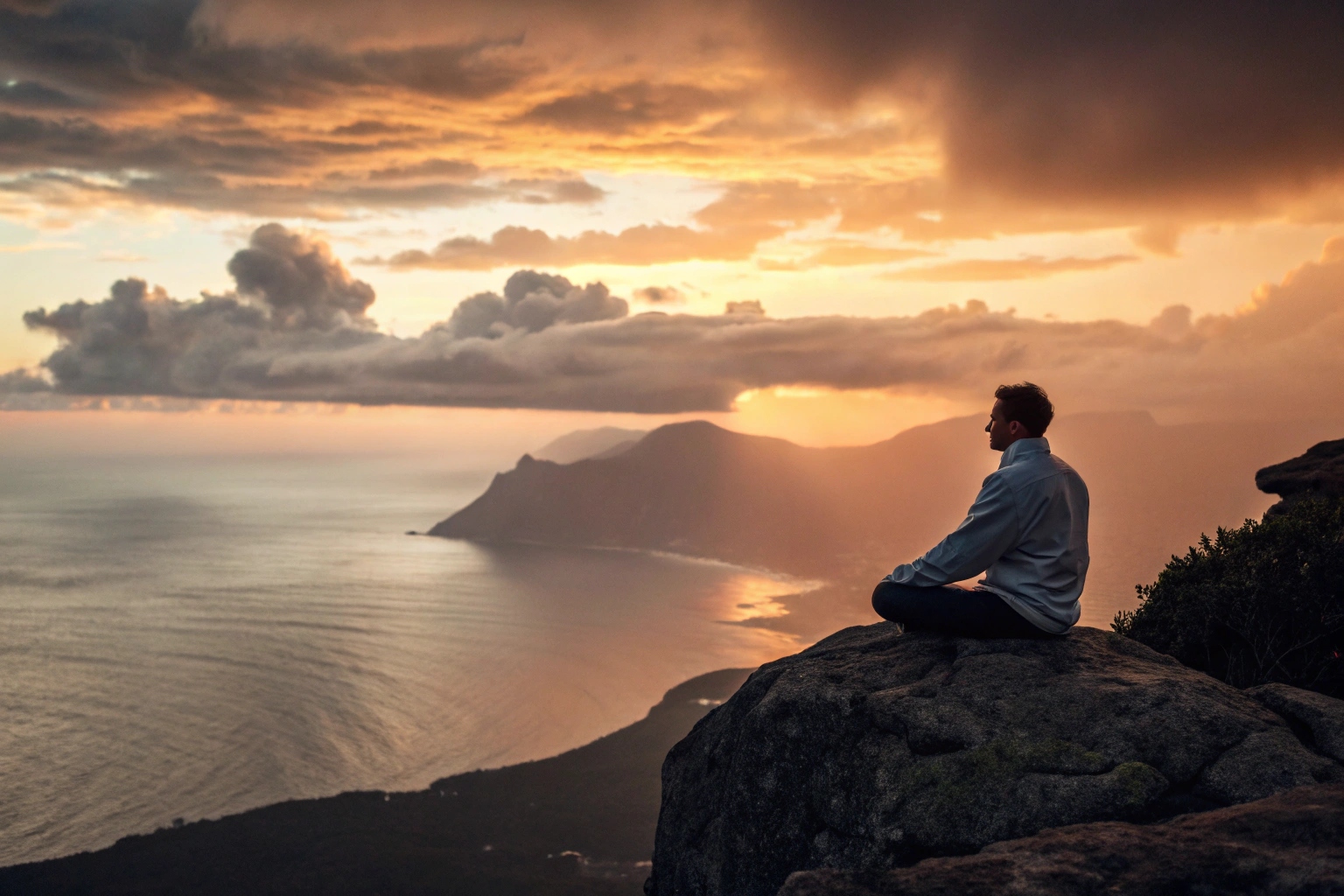 Man meditating on a cliff at sunset, peaceful view with ocean and clouds