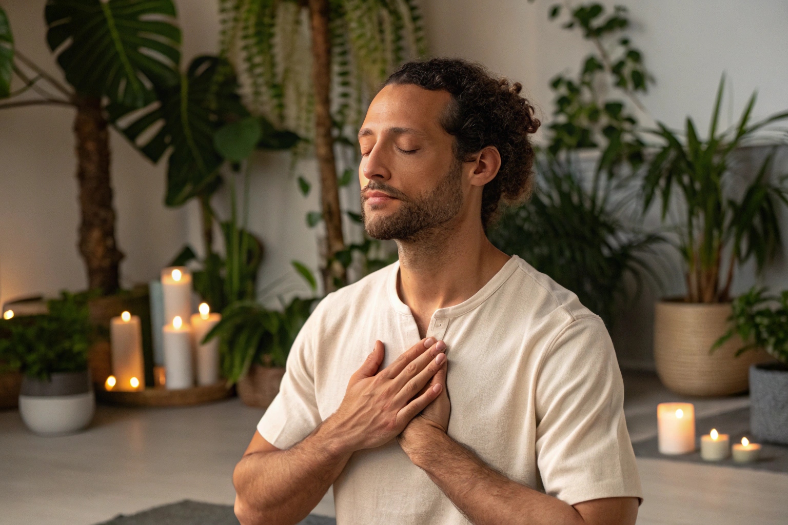 Man practicing mindfulness indoors, surrounded by plants and candles