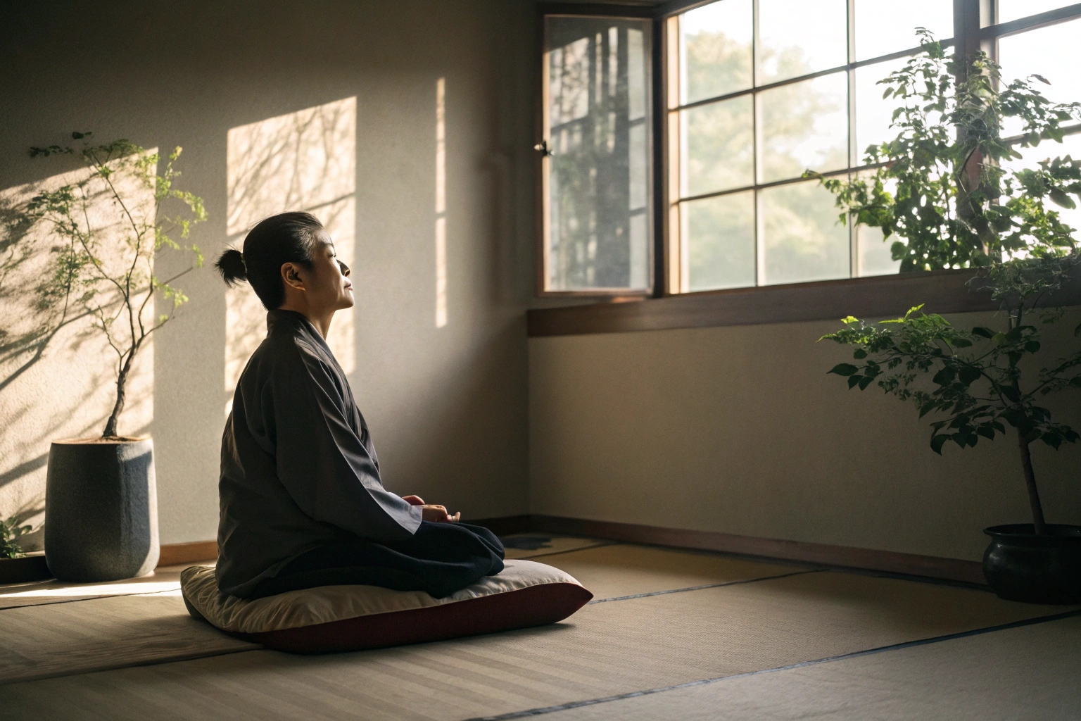person meditating in a minimalist room with natural light