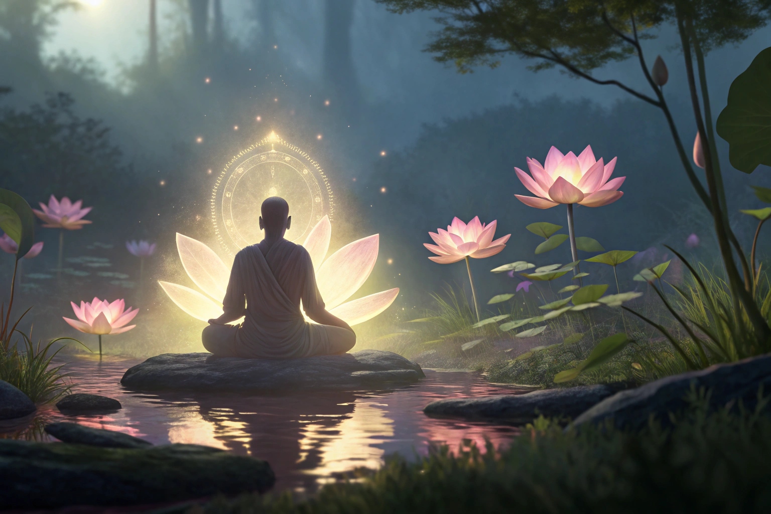 Serene meditation among lotus flowers, promoting mindfulness and inner peace