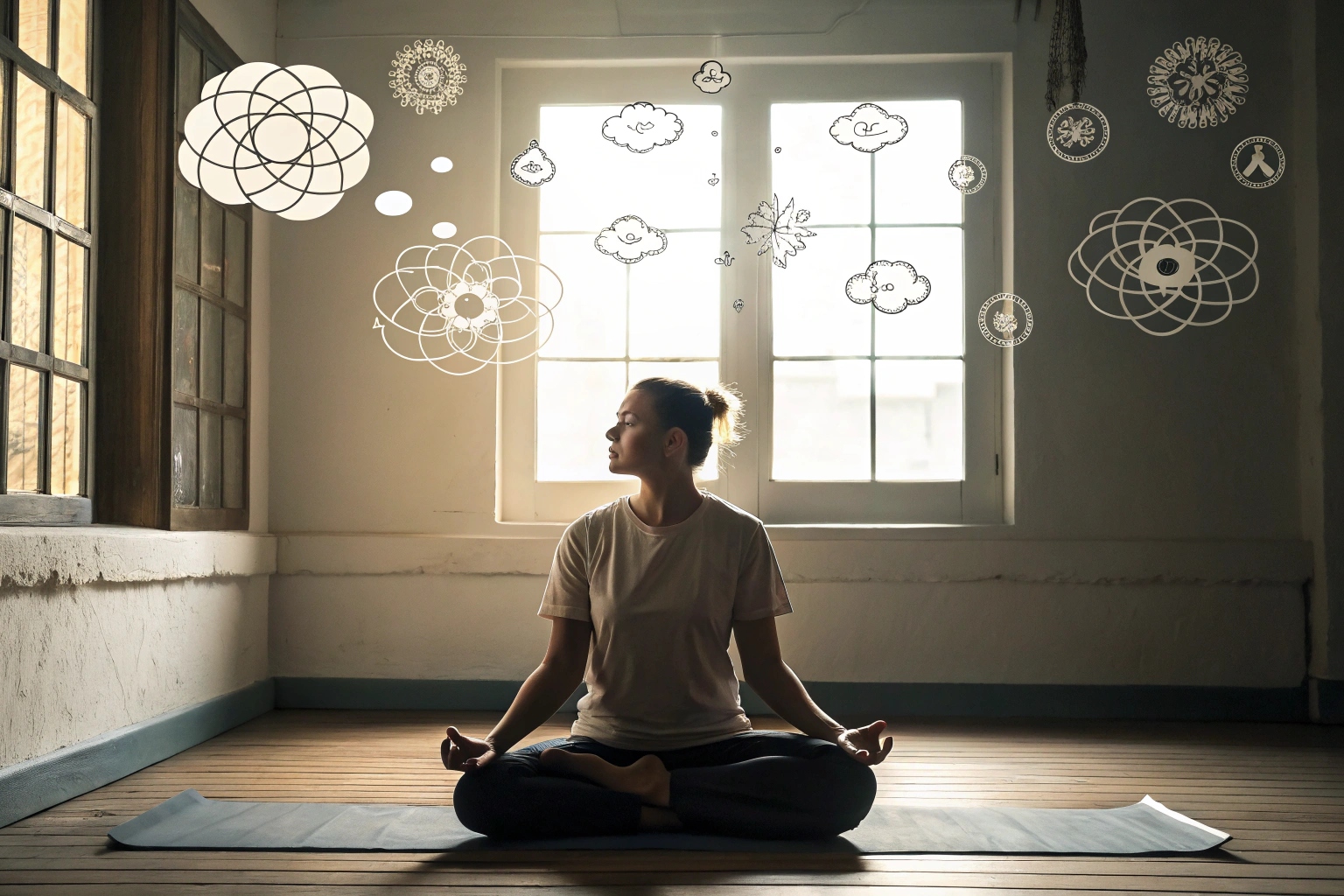 Meditating with thought bubbles, serene indoor environment