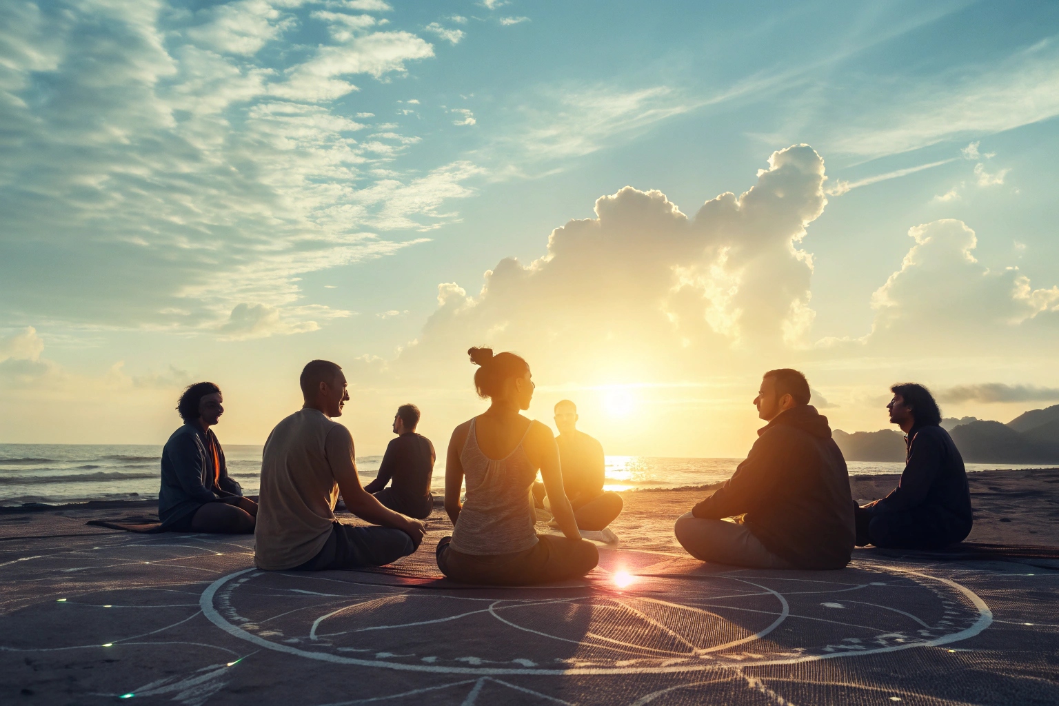 group meditation session outdoors during sunrise, facing the ocean