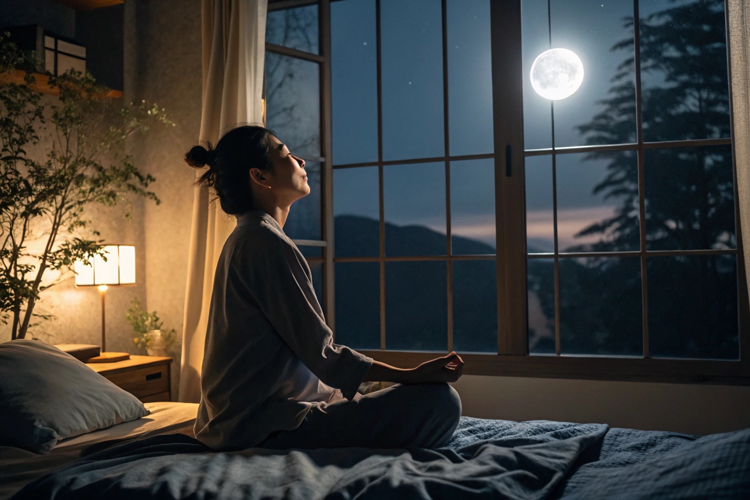 Meditation at night with a view of the moon