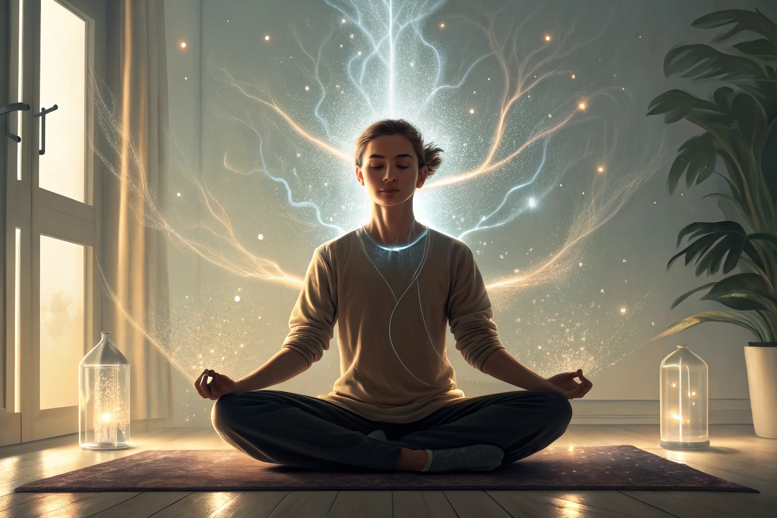 meditation in peaceful space, meditating woman surrounded by lights
