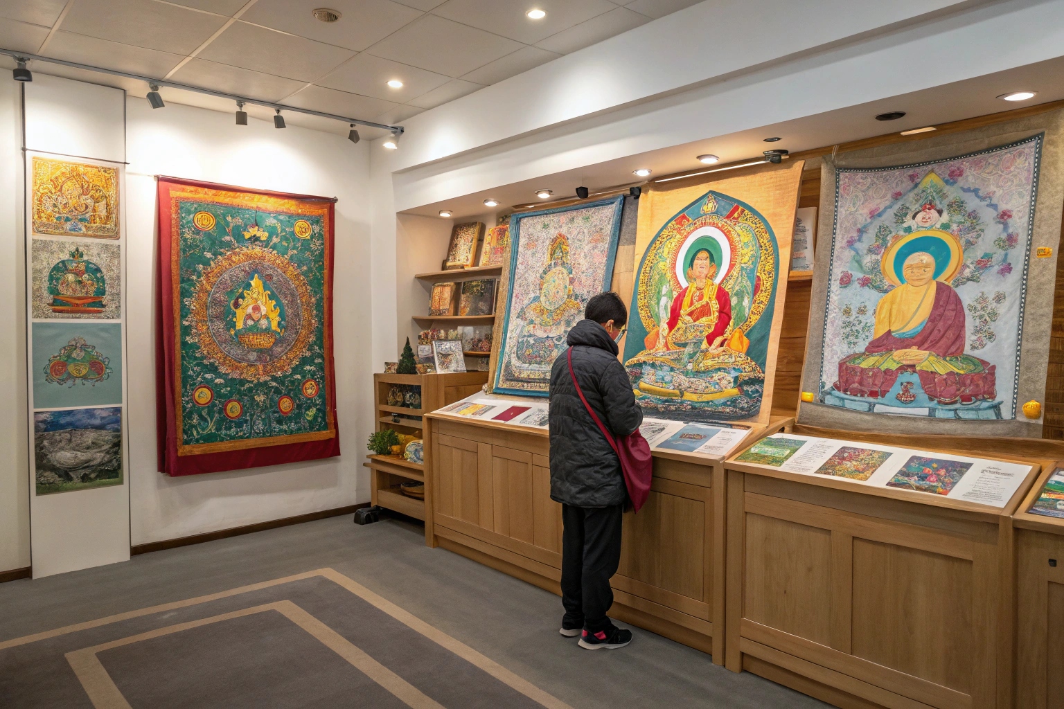 Tibetan thangka artwork on display with a viewer