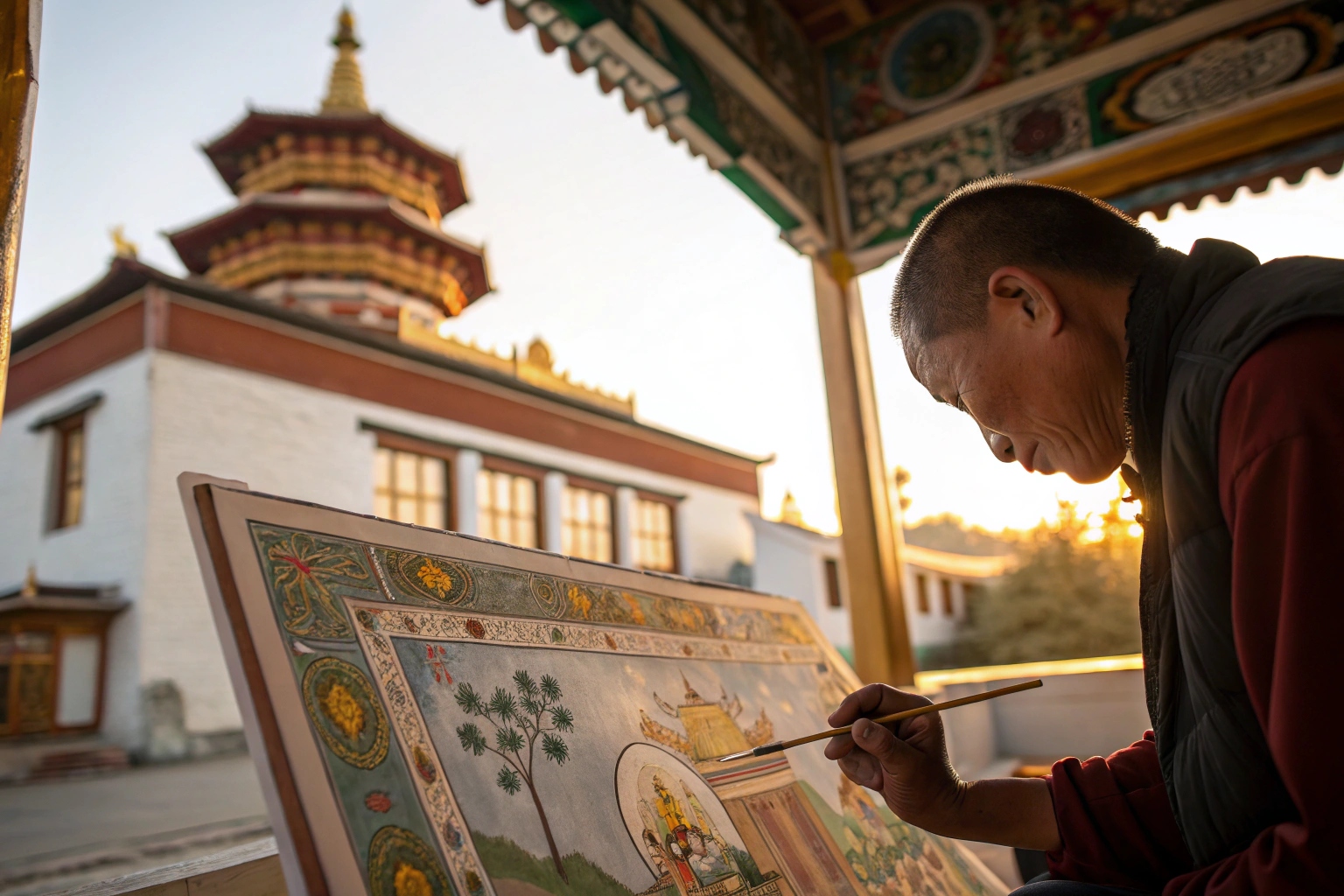 Artist painting Buddhist artwork in front of a temple