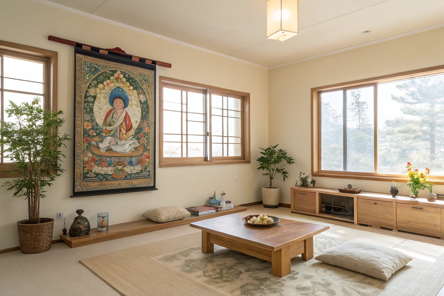 Buddhist thangka painting in a peaceful living room
